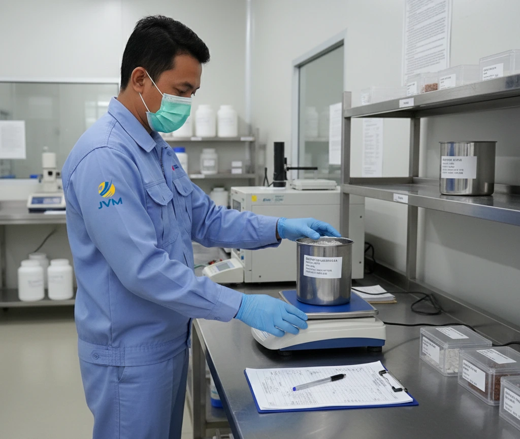 Gambar menampilkan teknisi QC Indonesia di area manufaktur yang sedang menimbang bahan baku dalam wadah stainless di atas benchtop scale PCE-WS 30; layar LCD menunjukkan angka stabil dan timbangan berada pada meja kerja yang rapi dengan dokumen inspeksi di sampingnya.