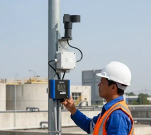 Teknisi Indonesia memeriksa layar LCD PCE-WSAC 50W+ 230 yang terpasang di area utilitas untuk monitoring kecepatan angin dan alarm keselamatan.