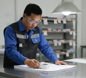 Seorang teknisi QC Indonesia di area inspeksi pabrik kertas menggunakan handheld brightness tester PCE-WSB 1 untuk mengukur derajat putih pada lembaran kertas di atas meja uji