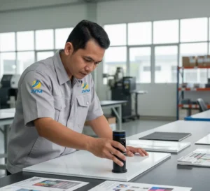 Seorang teknisi QC Indonesia menggunakan colorimeter portabel PCE-XXM 30-ICA untuk mengukur warna permukaan pada panel hasil coating dan sampel cetak di area inspeksi produksi.