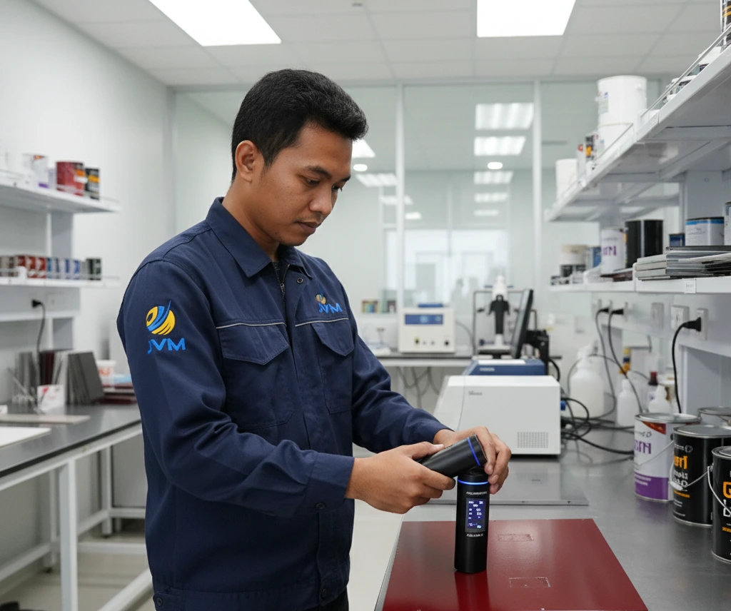 Teknisi laboratorium industri di Indonesia menggunakan colorimeter portabel untuk mengukur warna cat pada panel logam sebagai bagian dari proses quality control produksi.