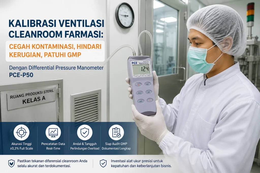 Seorang teknisi farmasi Indonesia di dalam cleanroom sedang menggunakan differential pressure manometer PCE-P50 untuk mengukur tekanan diferensial pada ruang produksi steril sebagai bagian dari proses kalibrasi sistem ventilasi sesuai standar GMP.