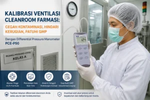 Seorang teknisi farmasi Indonesia di dalam cleanroom sedang menggunakan differential pressure manometer PCE-P50 untuk mengukur tekanan diferensial pada ruang produksi steril sebagai bagian dari proses kalibrasi sistem ventilasi sesuai standar GMP.