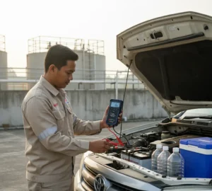 Teknisi Indonesia menguji aki mobil operasional sampling menggunakan PCE-CBA 20 dengan clamp Kelvin pada terminal baterai 12 V di area instalasi pengolahan air.