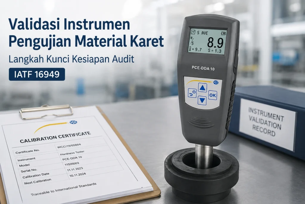 Hardness Tester PCE-DDA 10-ICA digital Shore A dengan sertifikat kalibrasi ISO untuk validasi instrumen pengujian material karet dalam persiapan audit IATF 16949.